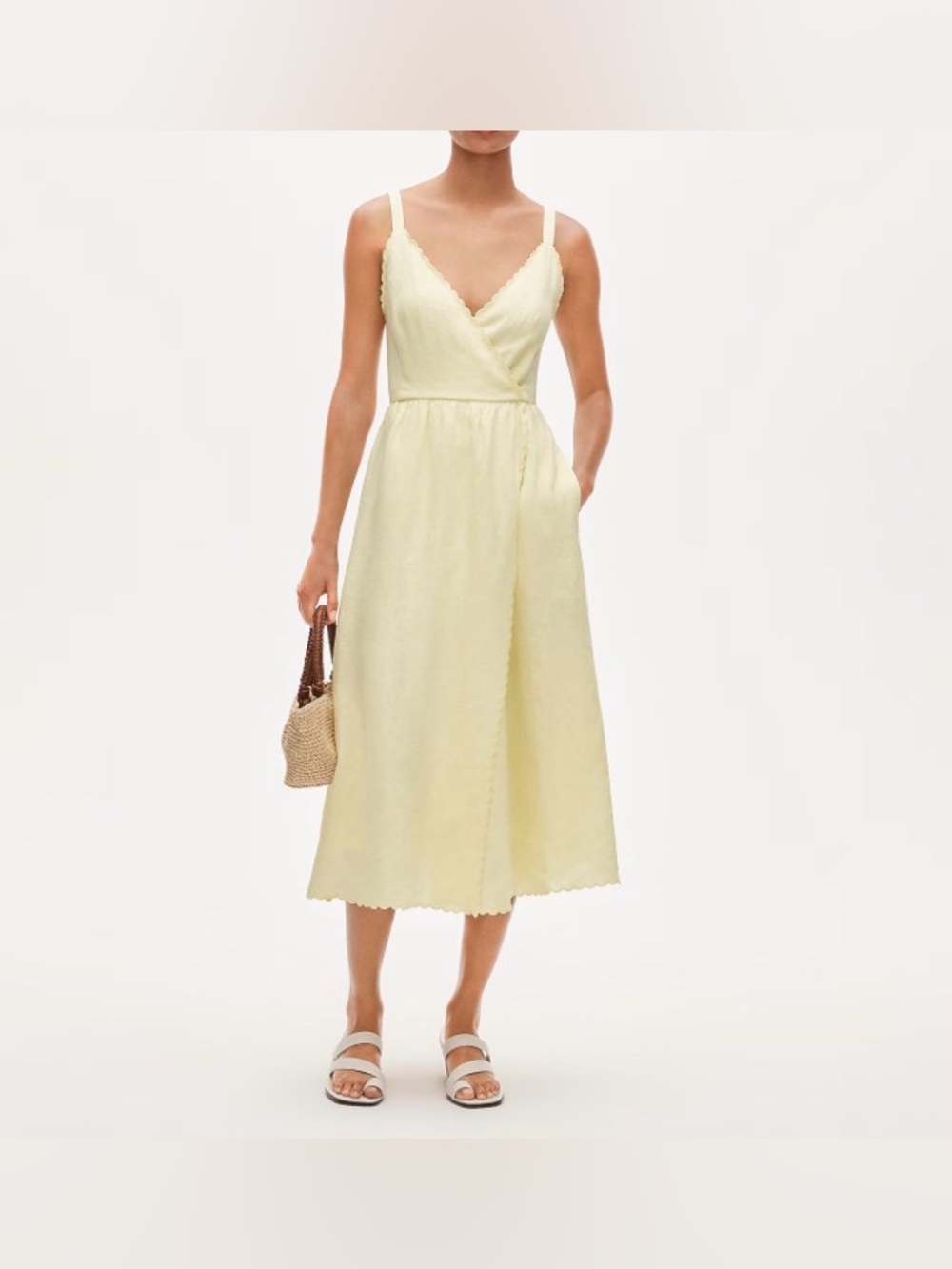 J.Crew Linen faux-wrap scallop-trim dress Yellow. Midi Dress.2.NWT.